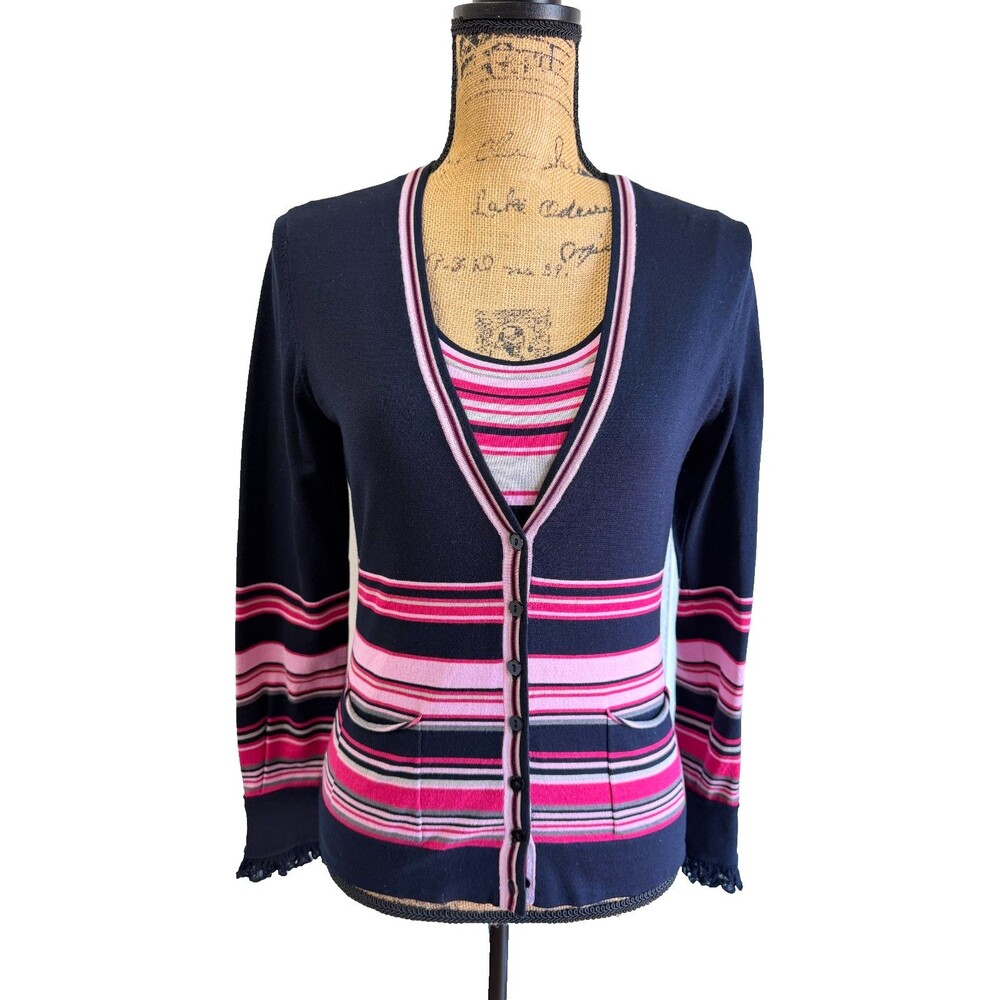 Les Copains Blue 2 Piece Knit Cardigan Top Set Striped Pink Navy Sz 6/42 Italy